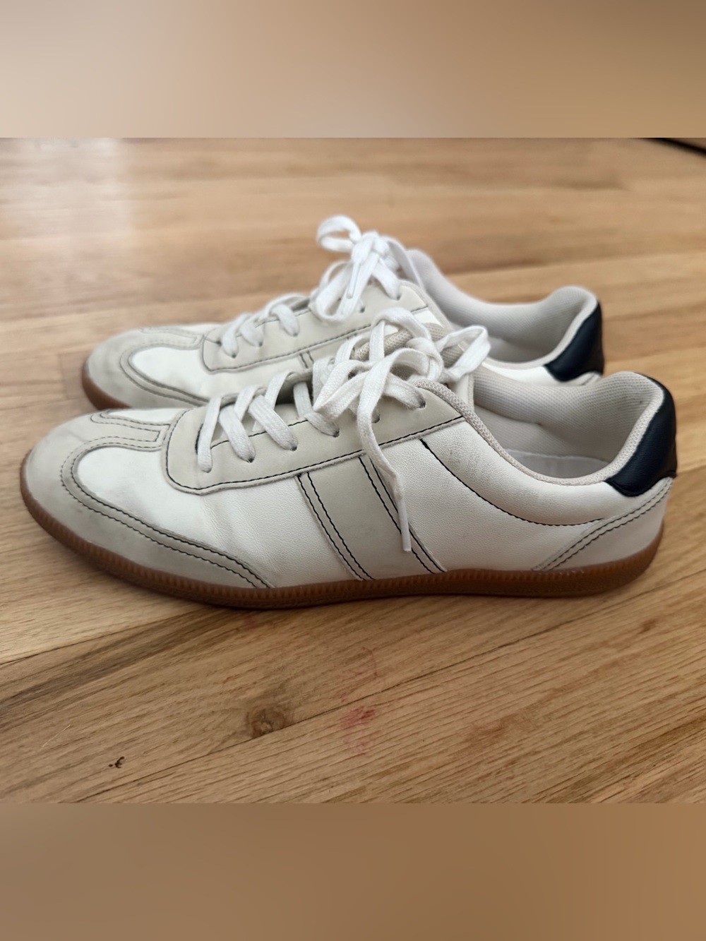 J. Crew White Leather Sneakers with Gum Sole and Navy Heel Tab